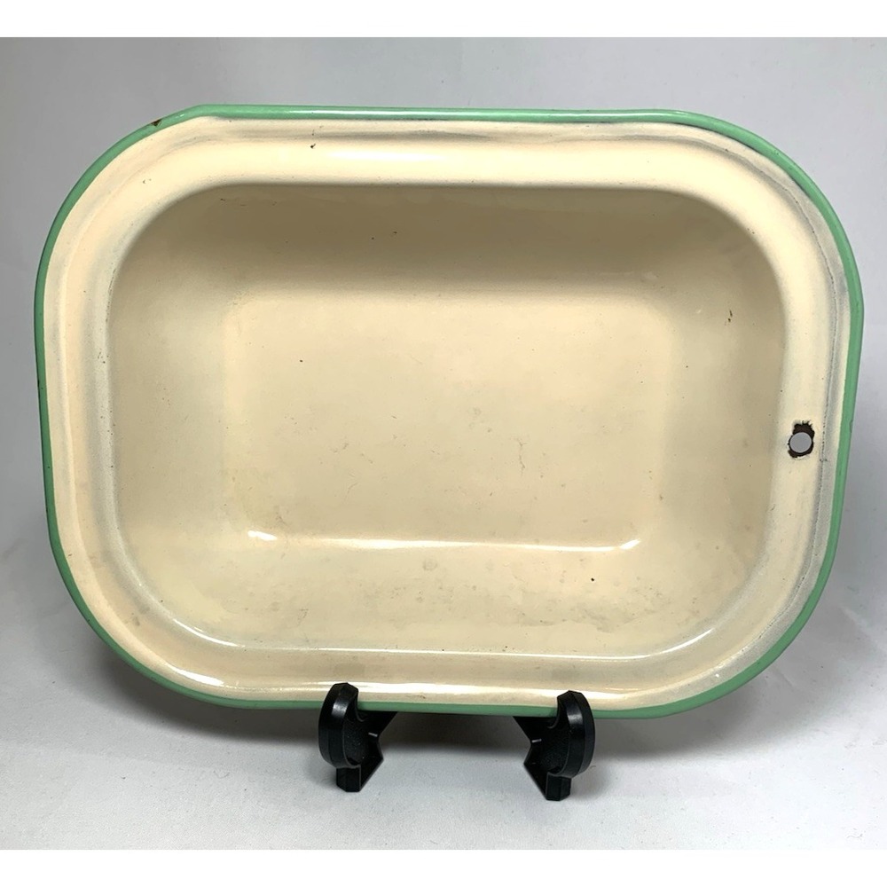 Enamelware Pan Beige Small Green Trim Farmhouse Cottagecore 9.5" Vintage